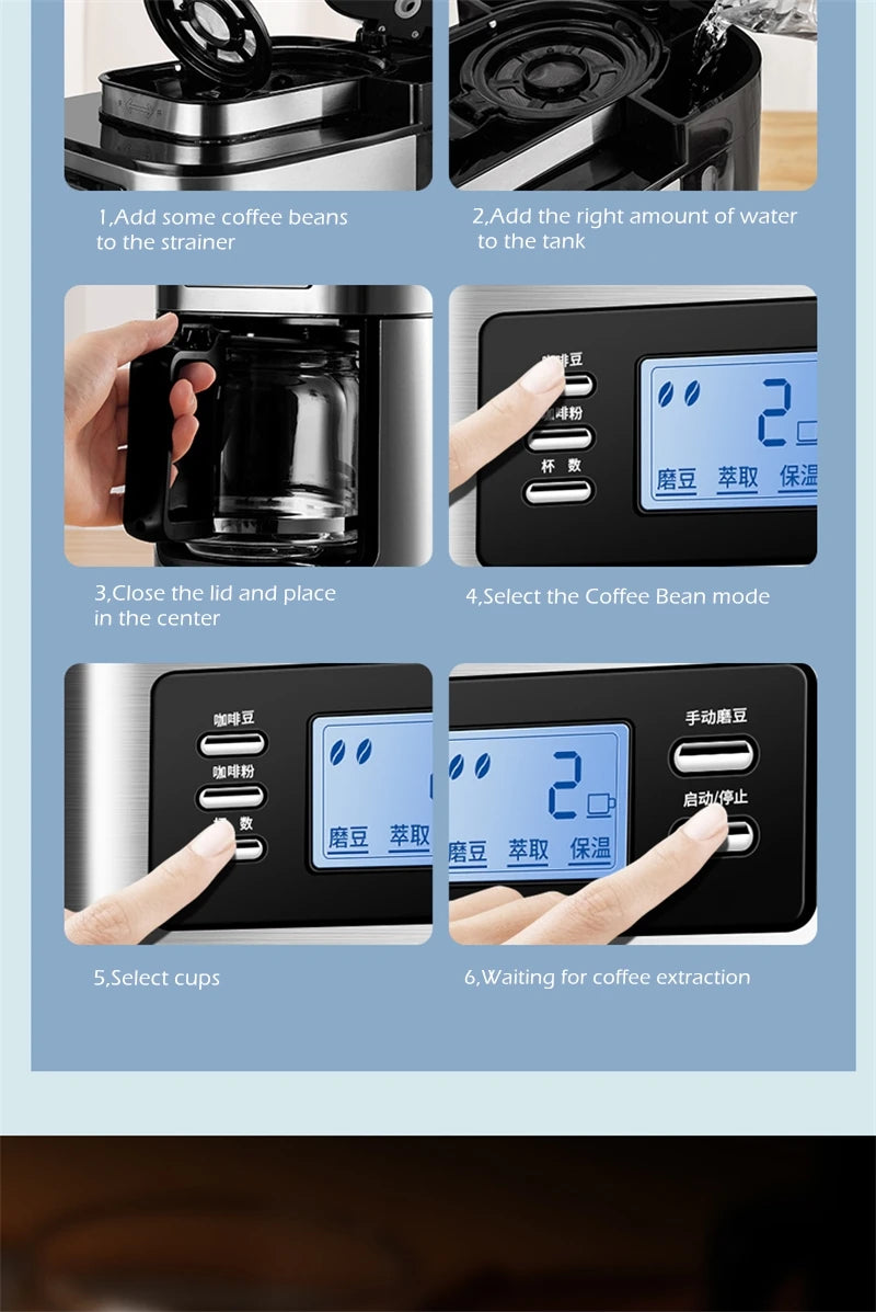 Fully automatic American coffee machine,Coffee beans or powder can be used,Electric grinding drip coffee machine 2-in-1