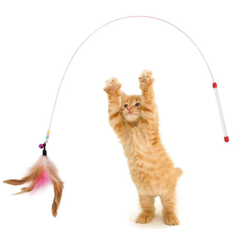 2pc Cat Toy Stick Feather Wand With Bell Mouse Cage Toys Plastic Artificial Colorful Cat Teaser Toy Pet Supplies Random Color