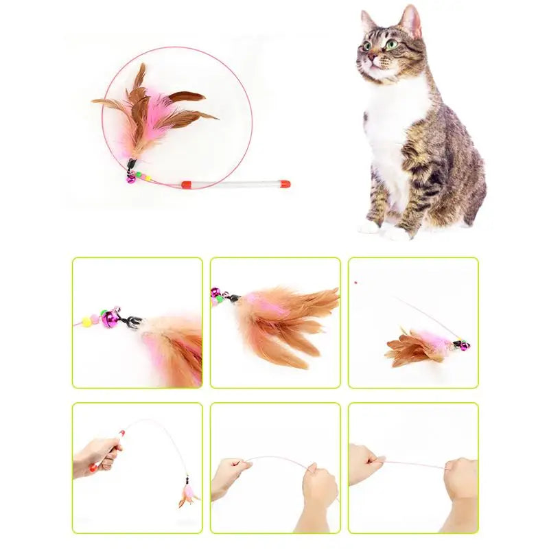 2pc Cat Toy Stick Feather Wand With Bell Mouse Cage Toys Plastic Artificial Colorful Cat Teaser Toy Pet Supplies Random Color