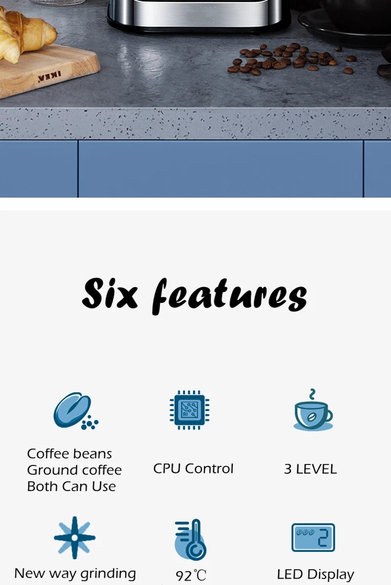 Fully automatic American coffee machine,Coffee beans or powder can be used,Electric grinding drip coffee machine 2-in-1