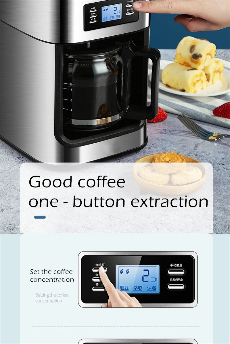 Fully automatic American coffee machine,Coffee beans or powder can be used,Electric grinding drip coffee machine 2-in-1