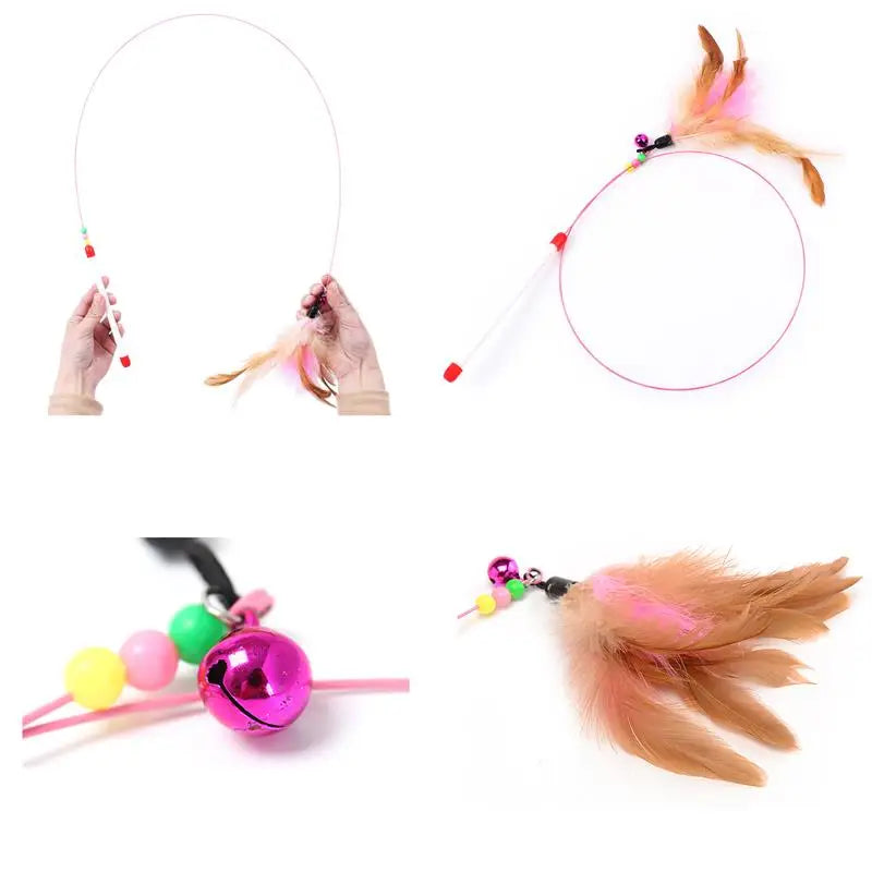 2pc Cat Toy Stick Feather Wand With Bell Mouse Cage Toys Plastic Artificial Colorful Cat Teaser Toy Pet Supplies Random Color