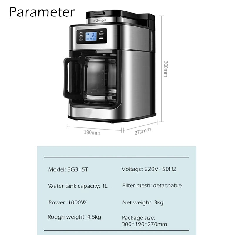 Fully automatic American coffee machine,Coffee beans or powder can be used,Electric grinding drip coffee machine 2-in-1