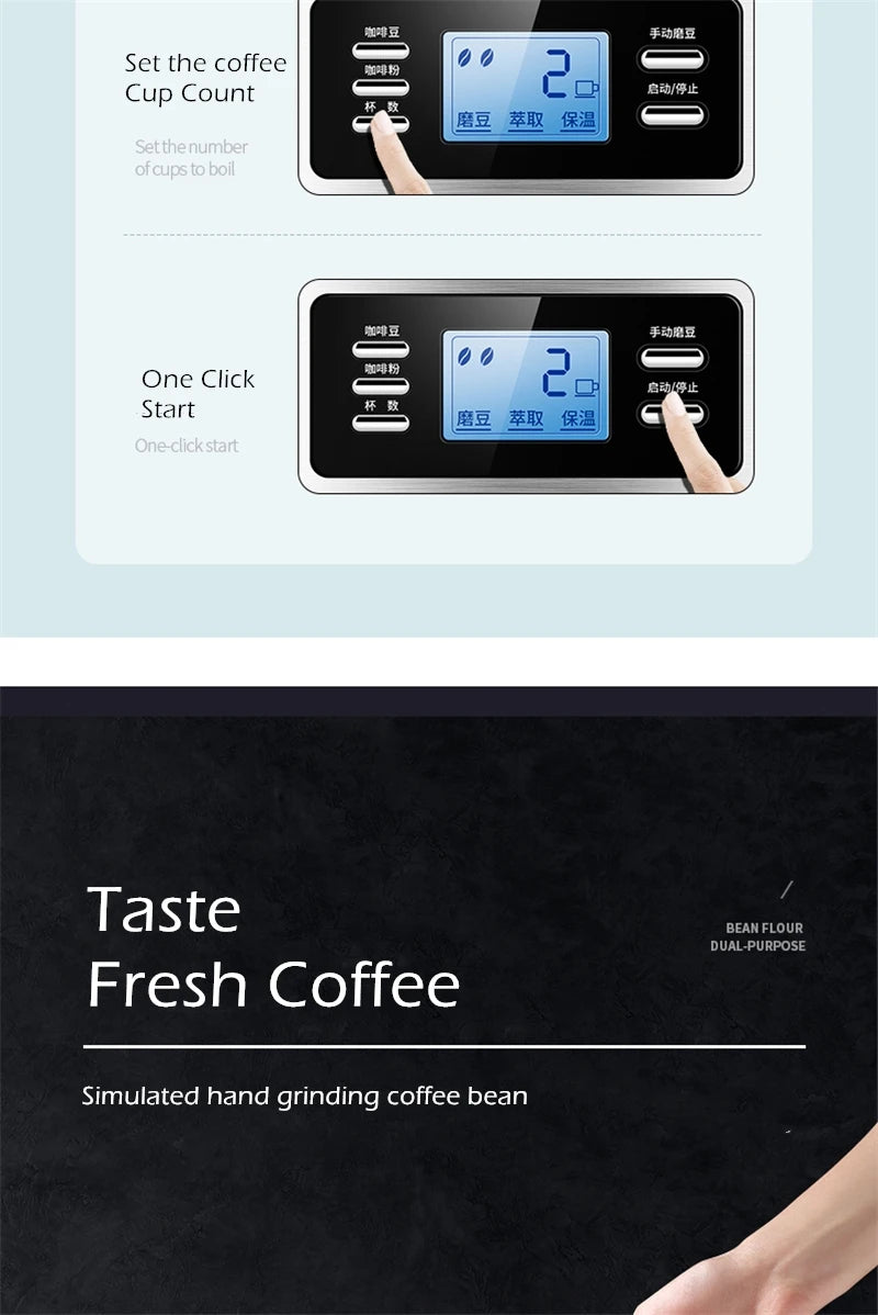 Fully automatic American coffee machine，Coffee beans or powder can be used，Electric grinding drip coffee machine 2-in-1